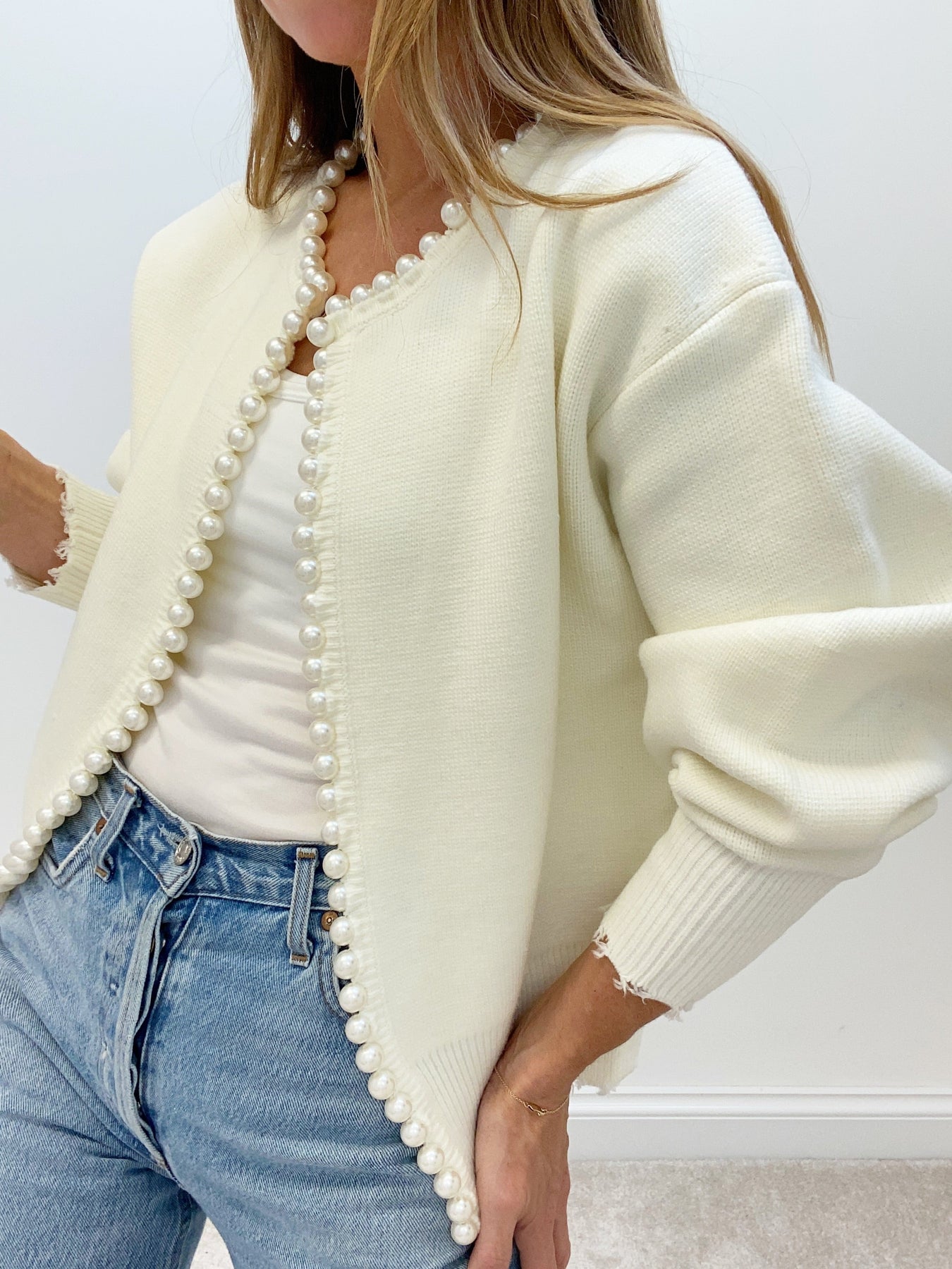 Milena - Pearl Trim Ripped Hem Cardigan