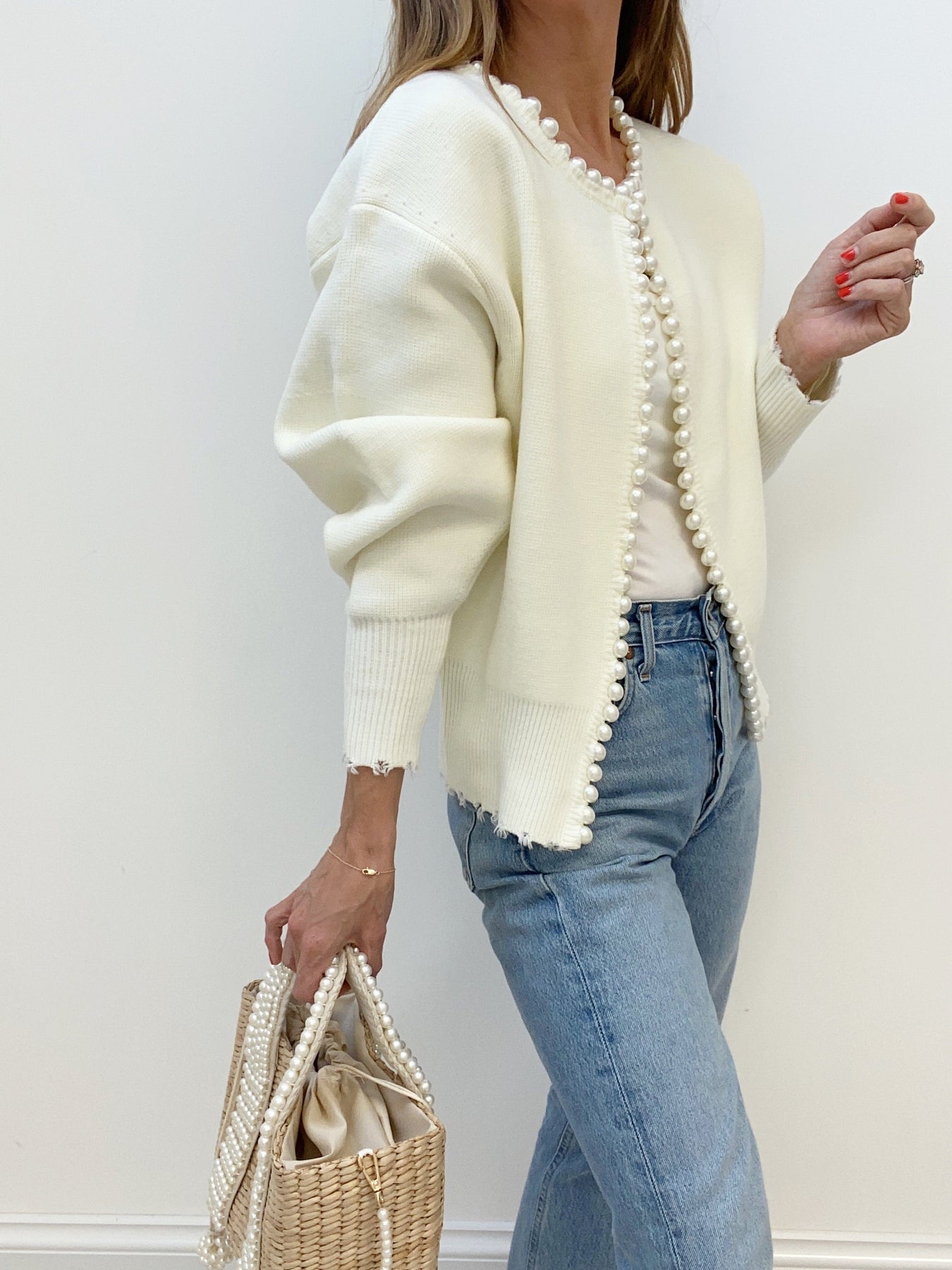 Milena - Pearl Trim Ripped Hem Cardigan